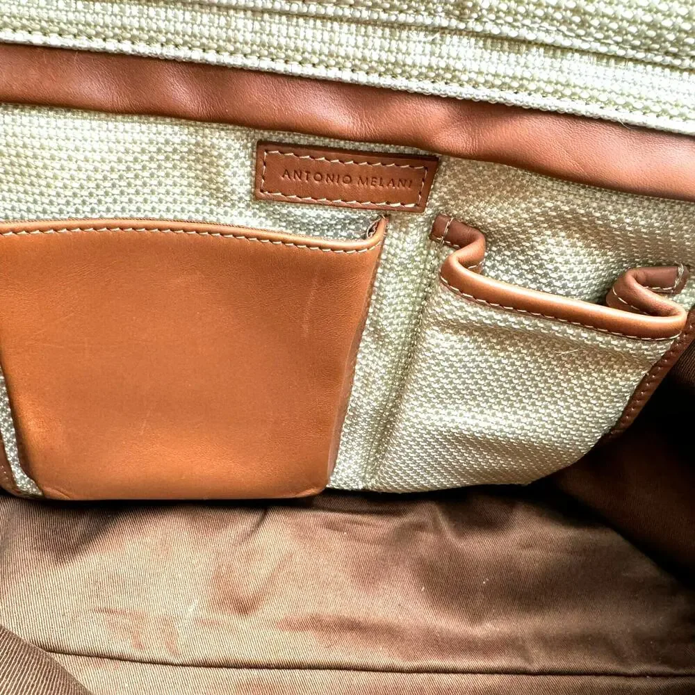 ANTONIO MELANI Tan Brown‎ Canvas Purse Handbag Shoulder Tote Faux Leather Trim